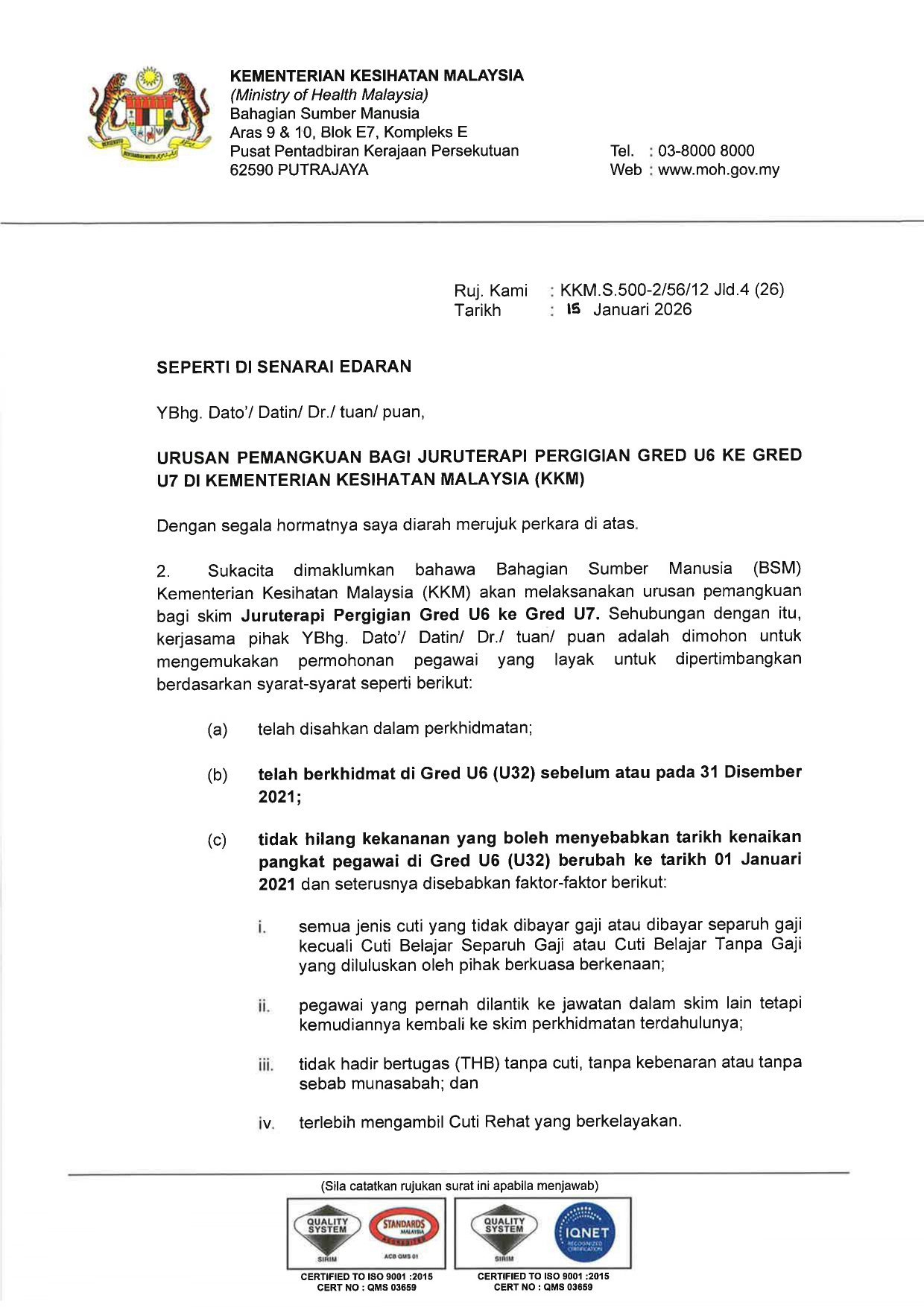 Dokumen 1 - Iklan Pemangkuan Juruterapi Pergigian Gred U6 Ke U7