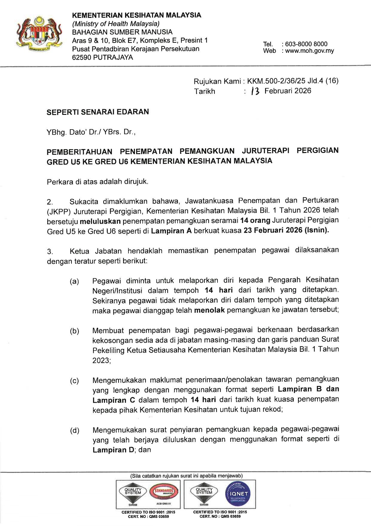 Dokumen 1 - PEMBERITAHUAN PENEMPATAN PEMANGKUAN JURUTERAPI PERGIGIAN GRED U5 KE GRED U6 KKM KK