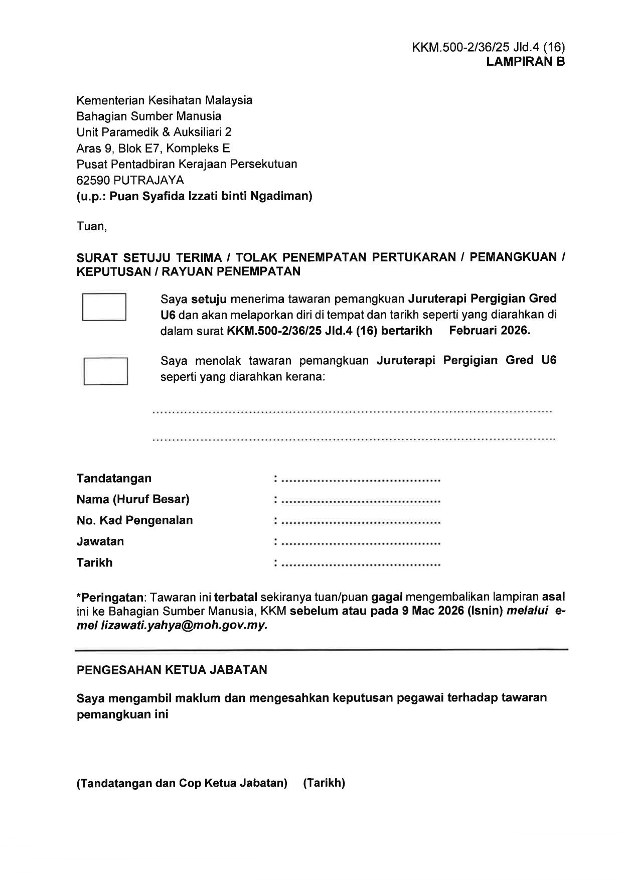 Dokumen 7 - PEMBERITAHUAN PENEMPATAN PEMANGKUAN JURUTERAPI PERGIGIAN GRED U5 KE GRED U6 KKM KK